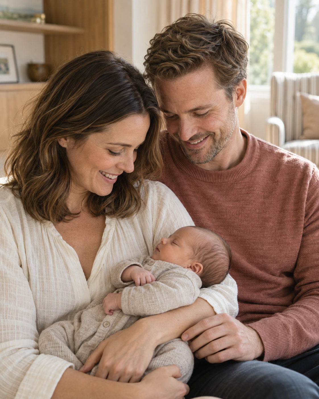 Two smiling parents looking down at their newborn.