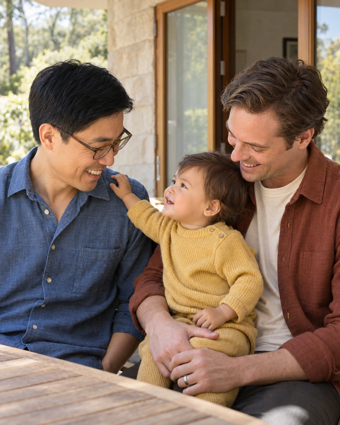 Two fathers enjoying a joyful moment with their toddler.