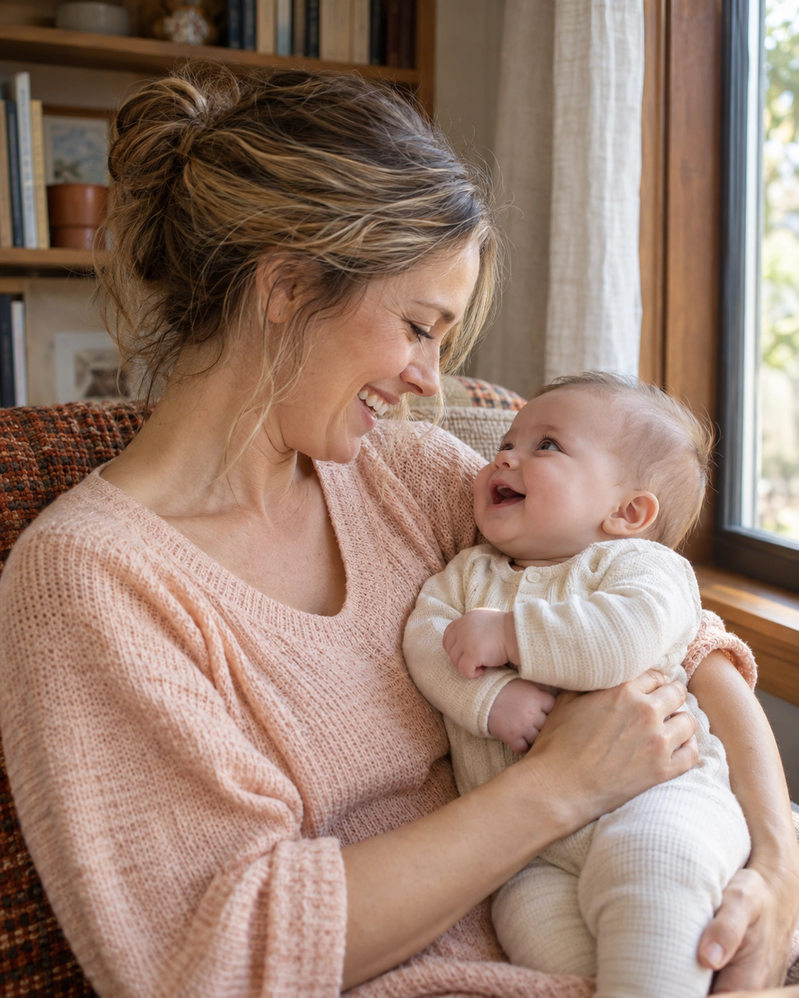 A mother and baby smiling at one another.