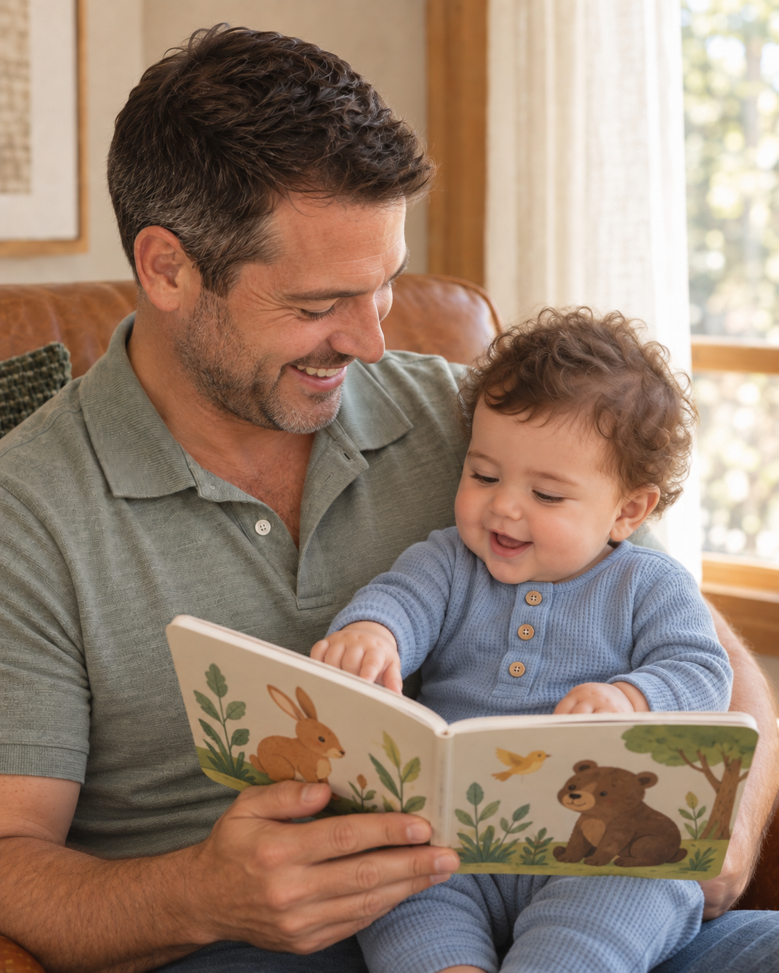A father reading a picture book with his curly-haired child on his lap.