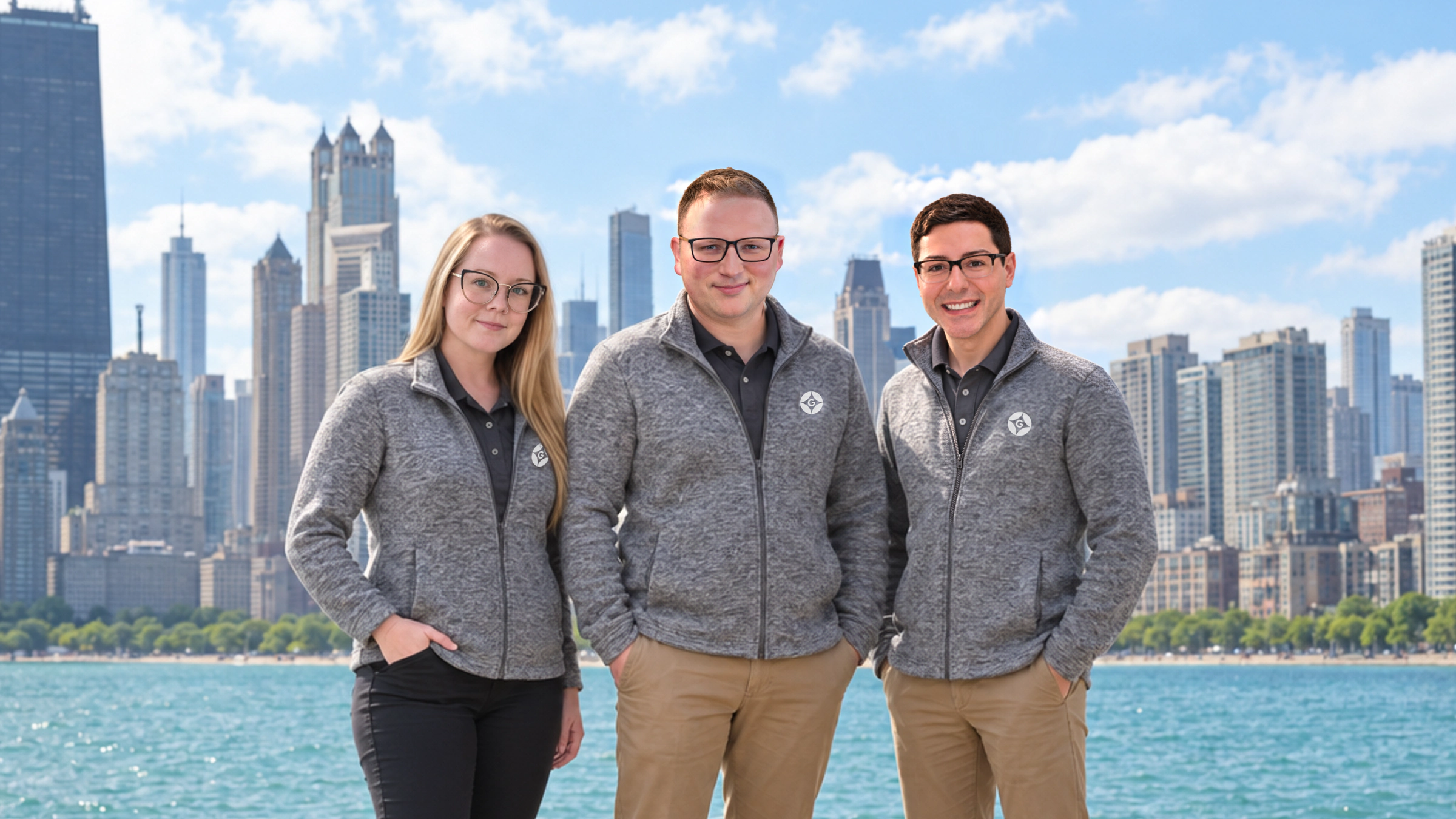 Laura Kroman, Adam Golden, and Frank Golden standing together along Chicago’s lakefront.