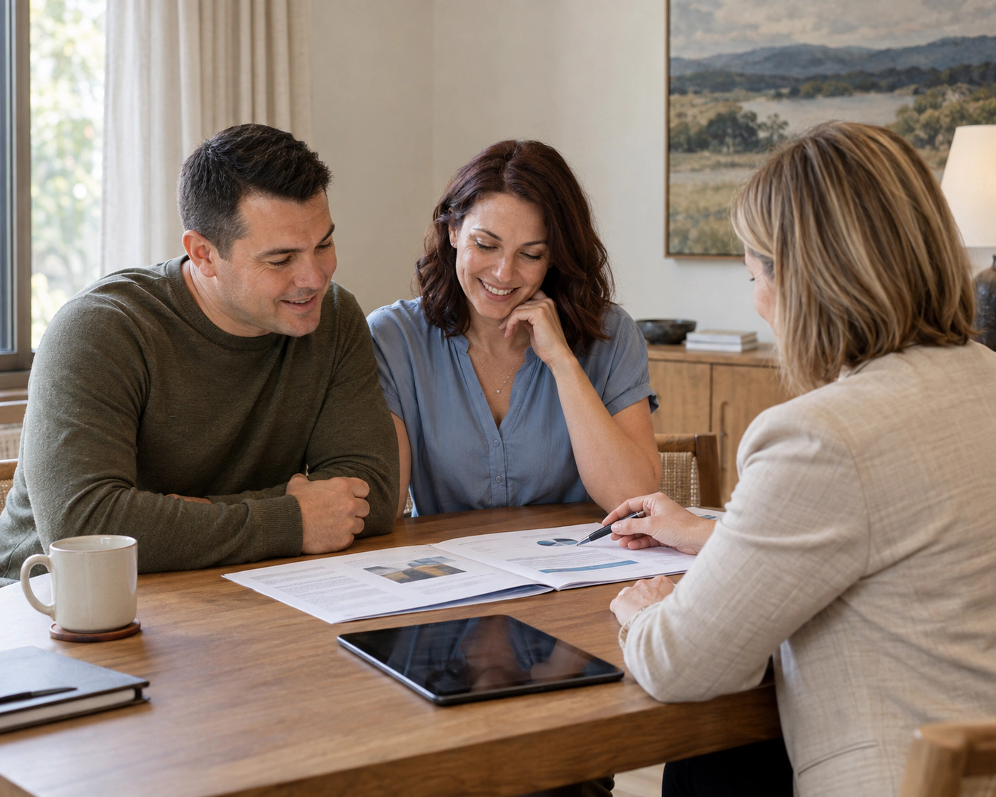 Intended Parents reviewing a financial plan with an advisor at a wooden table.