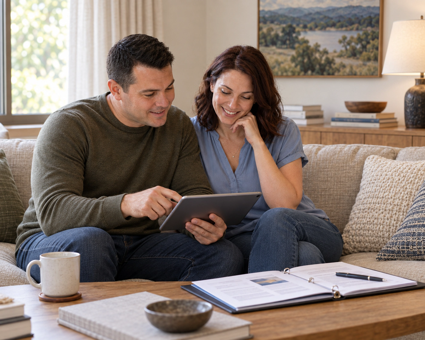A couple reviewing a tablet and planning documents together at home.