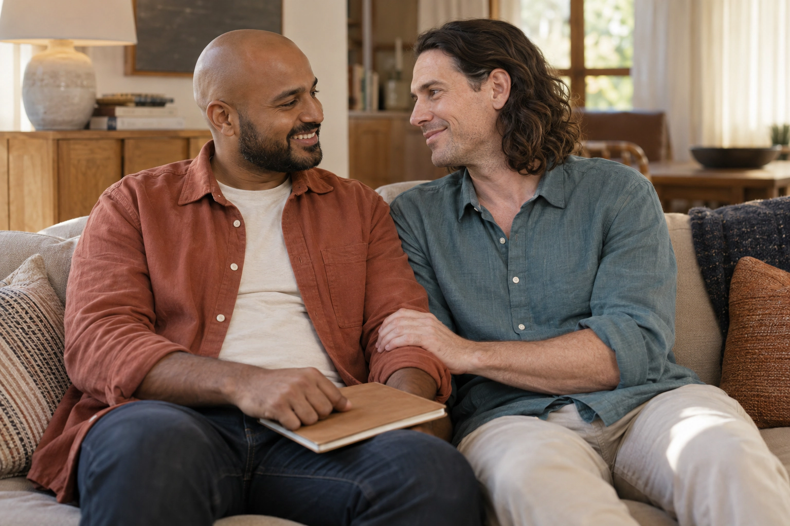 Two men smiling at one another while sitting together with a notebook.