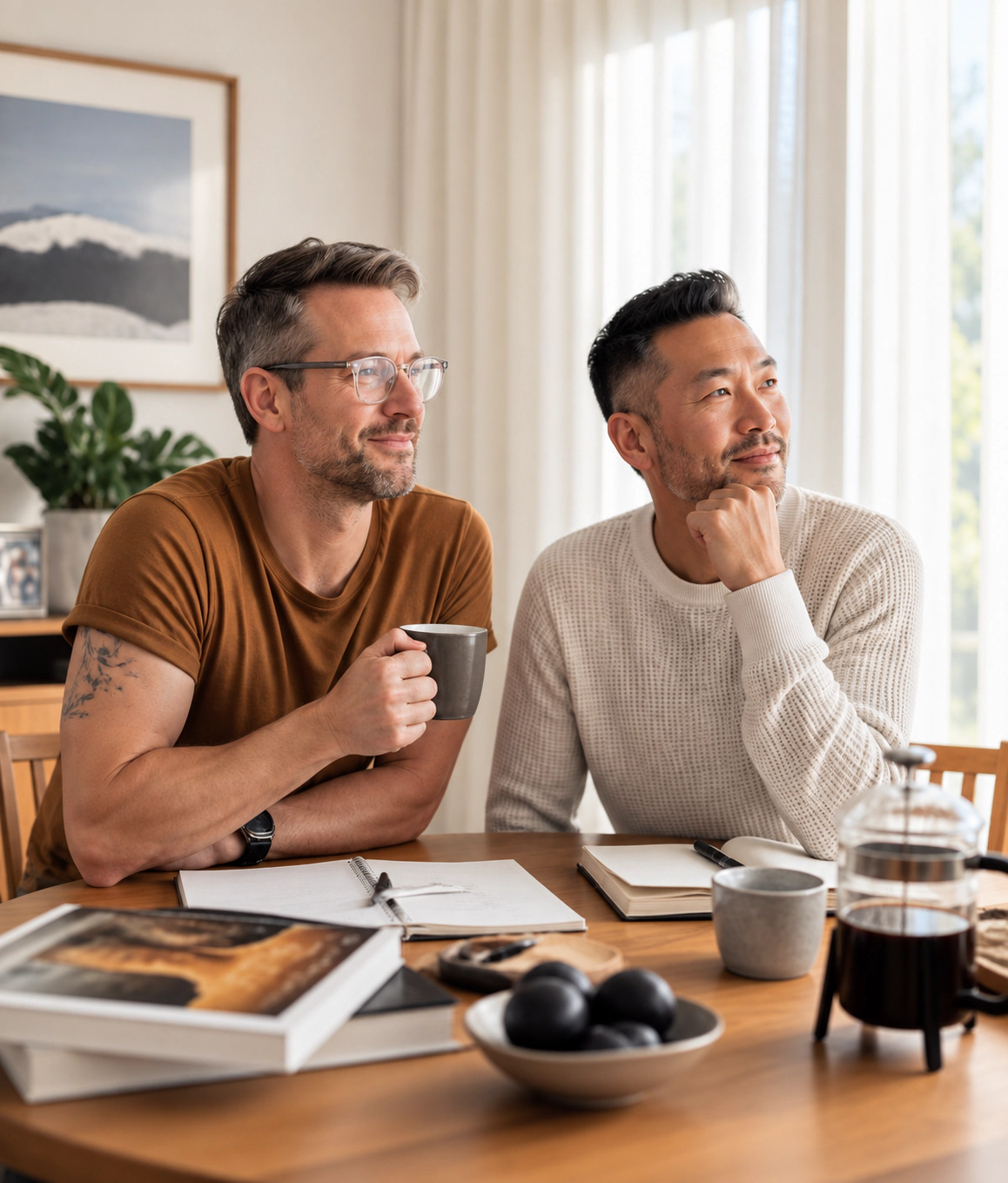 A couple share a thoughtful conversation in a bright home.