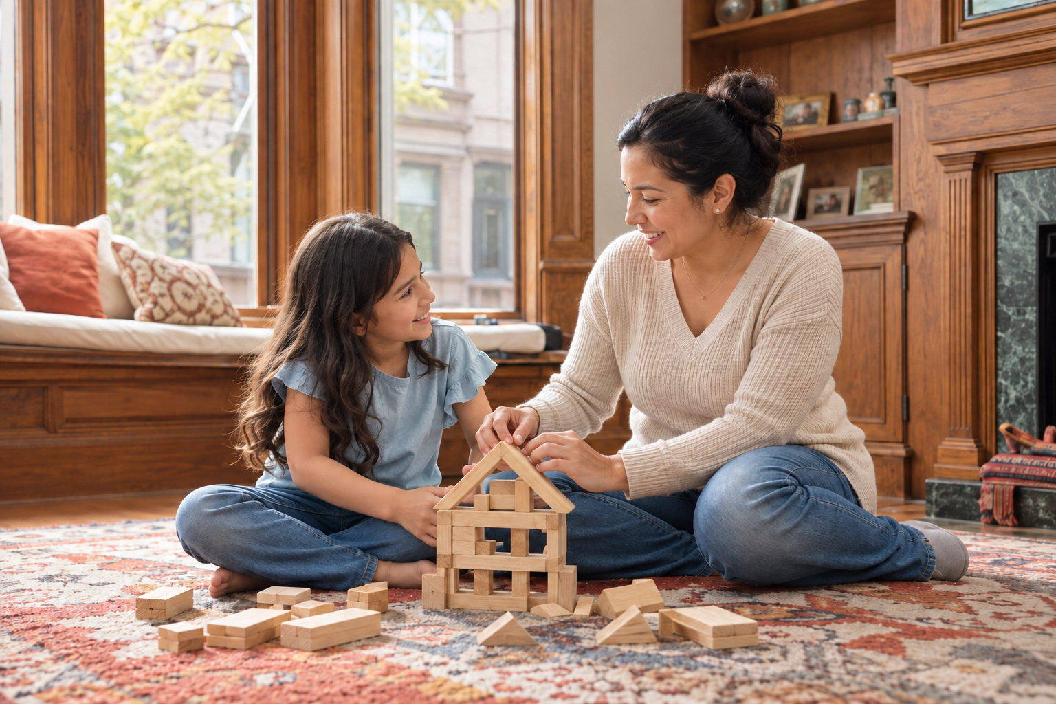 A woman and young child smiling while building with wooden blocks in a sunlit living room.