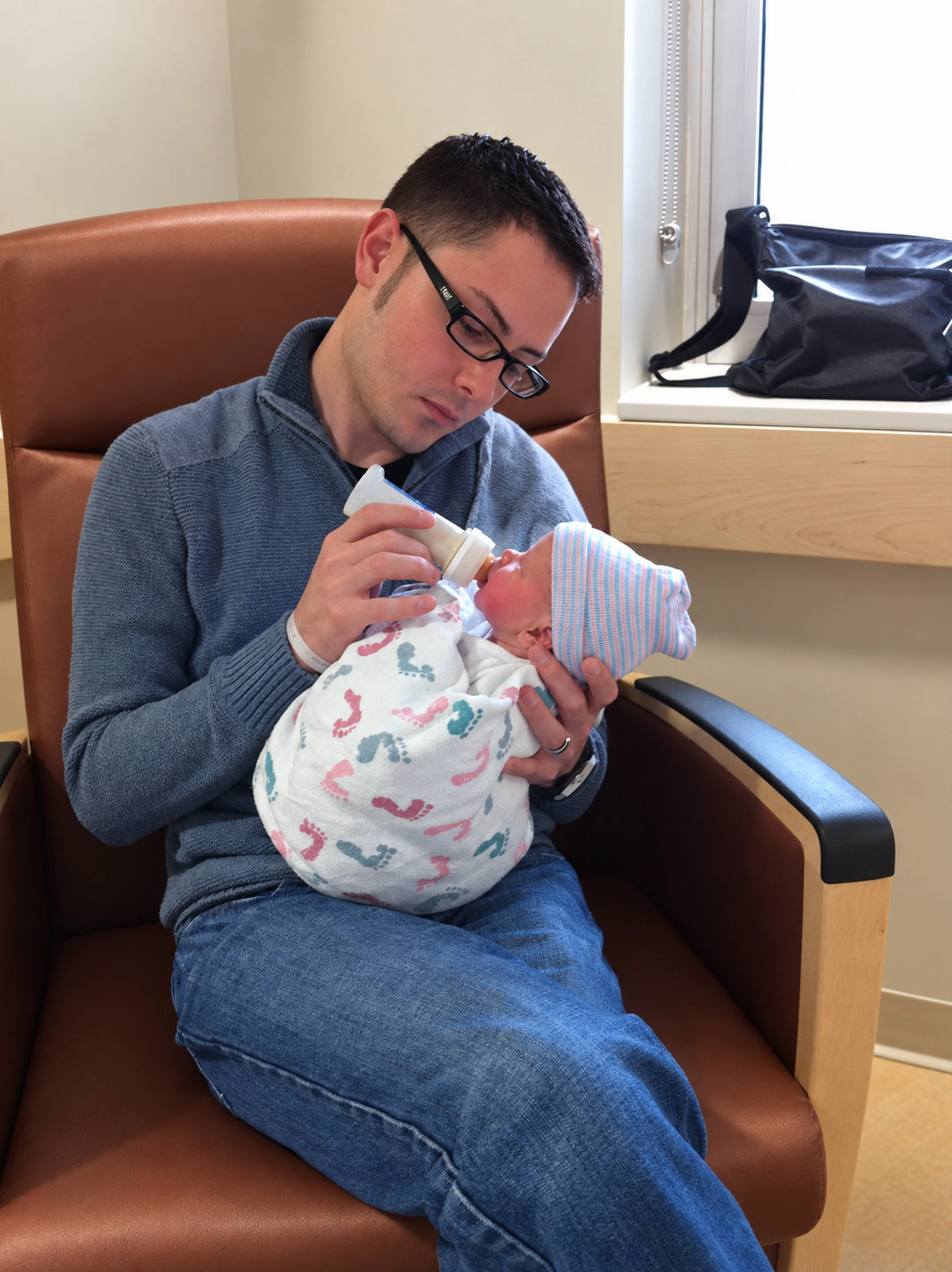 Frank Golden seated in a hospital chair, feeding his swaddled newborn.