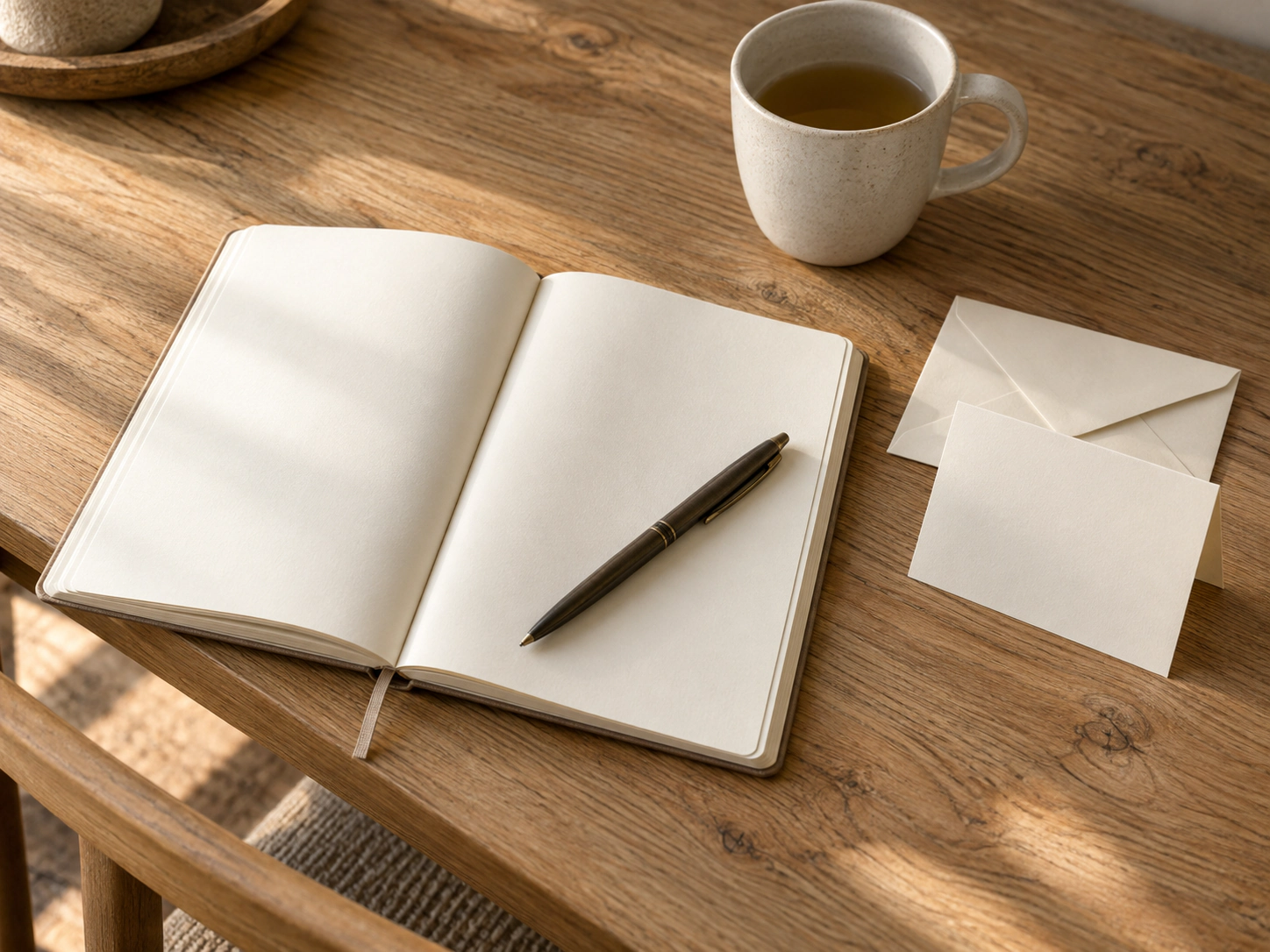 An open notebook, pen, cream envelopes and tea on a wooden table in soft daylight.