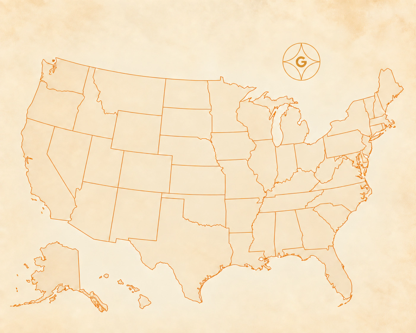United States map with golden-orange state outlines and a subtle Golden Surrogacy motif.