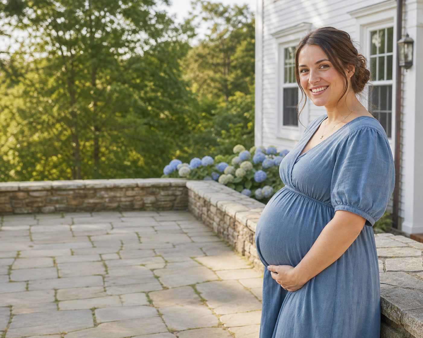 A smiling pregnant woman beside a decorative outline of Connecticut.