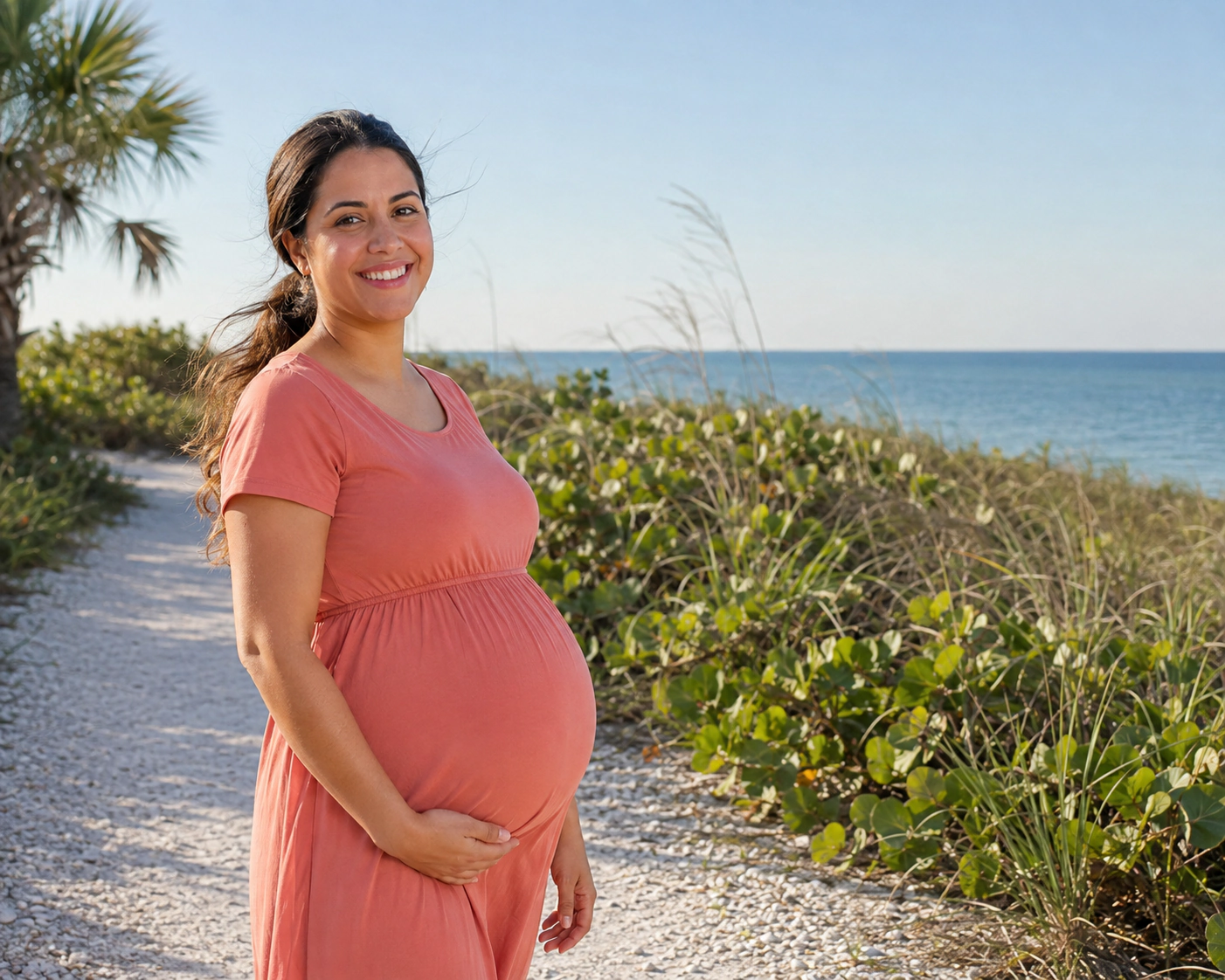 A smiling pregnant woman beside a decorative outline of Florida.
