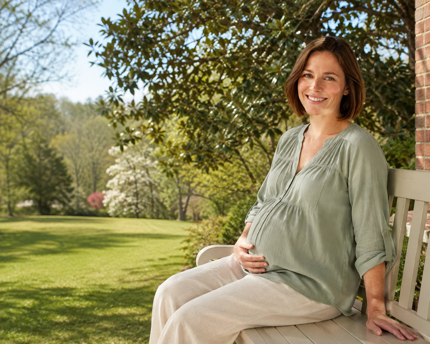 A smiling pregnant woman beside a decorative outline of Georgia.