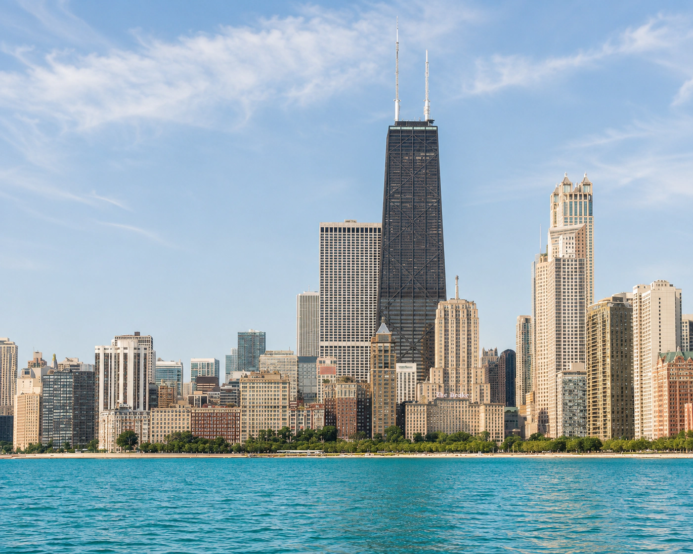 The Chicago skyline seen from the Lake Michigan shoreline.
