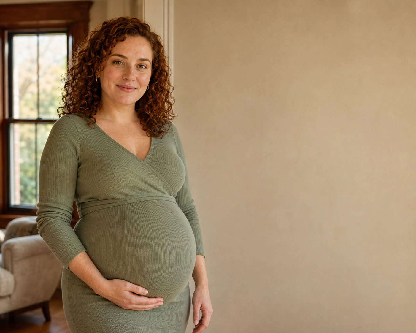 A smiling pregnant woman beside a decorative outline of Illinois.