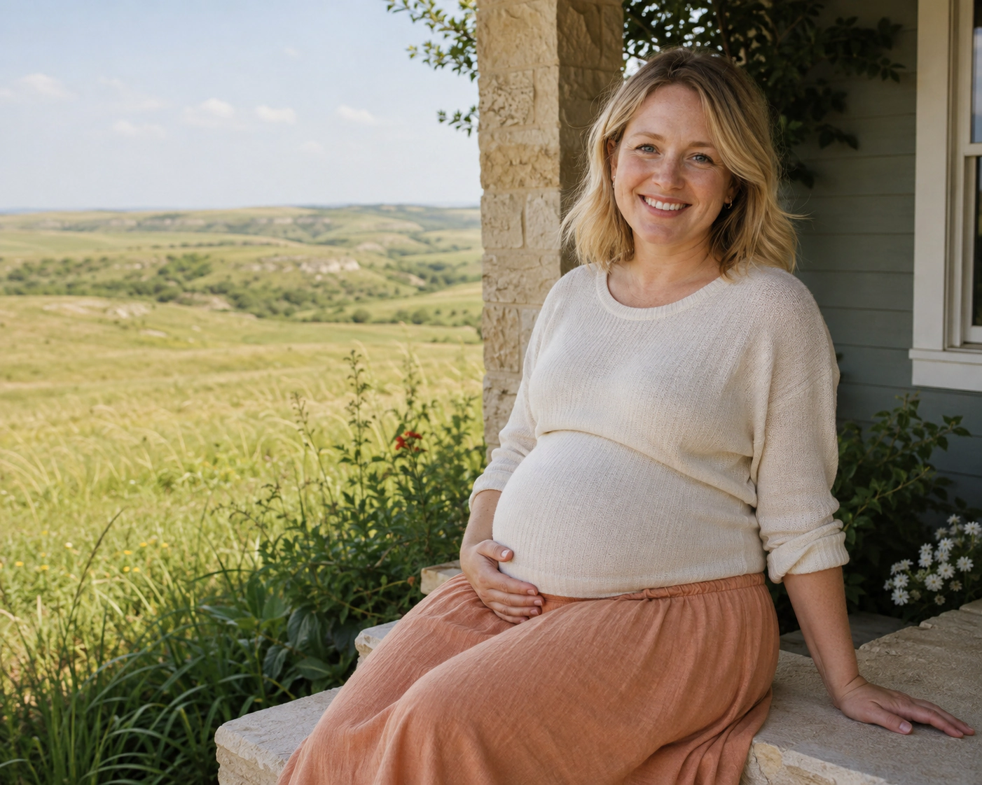 A smiling pregnant woman beside a decorative outline of Kansas.