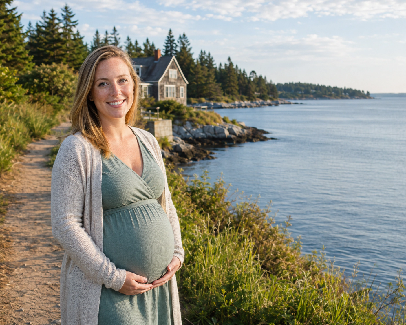 A smiling pregnant woman beside a decorative outline of Maine.