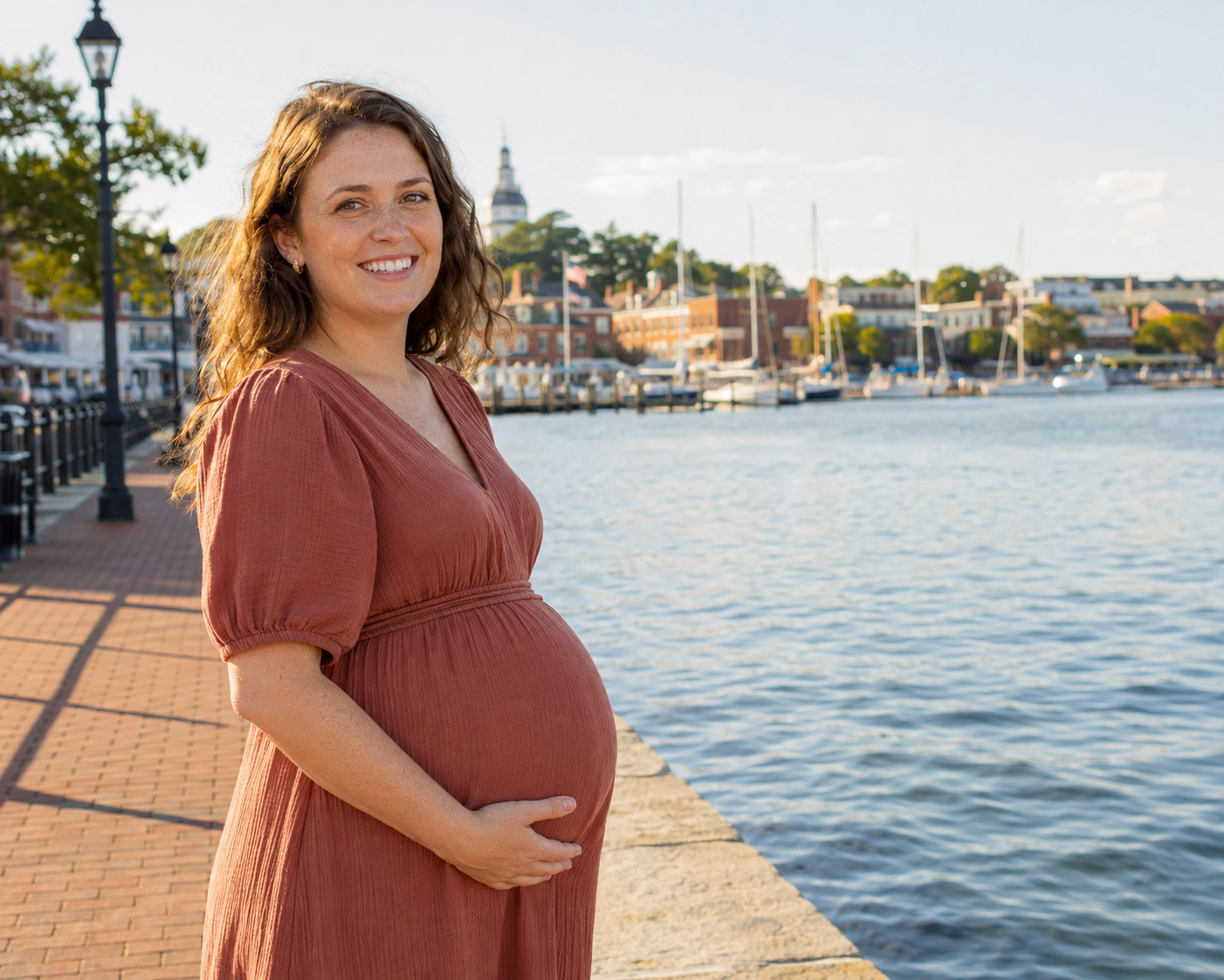 A smiling pregnant woman beside a decorative outline of Maryland.