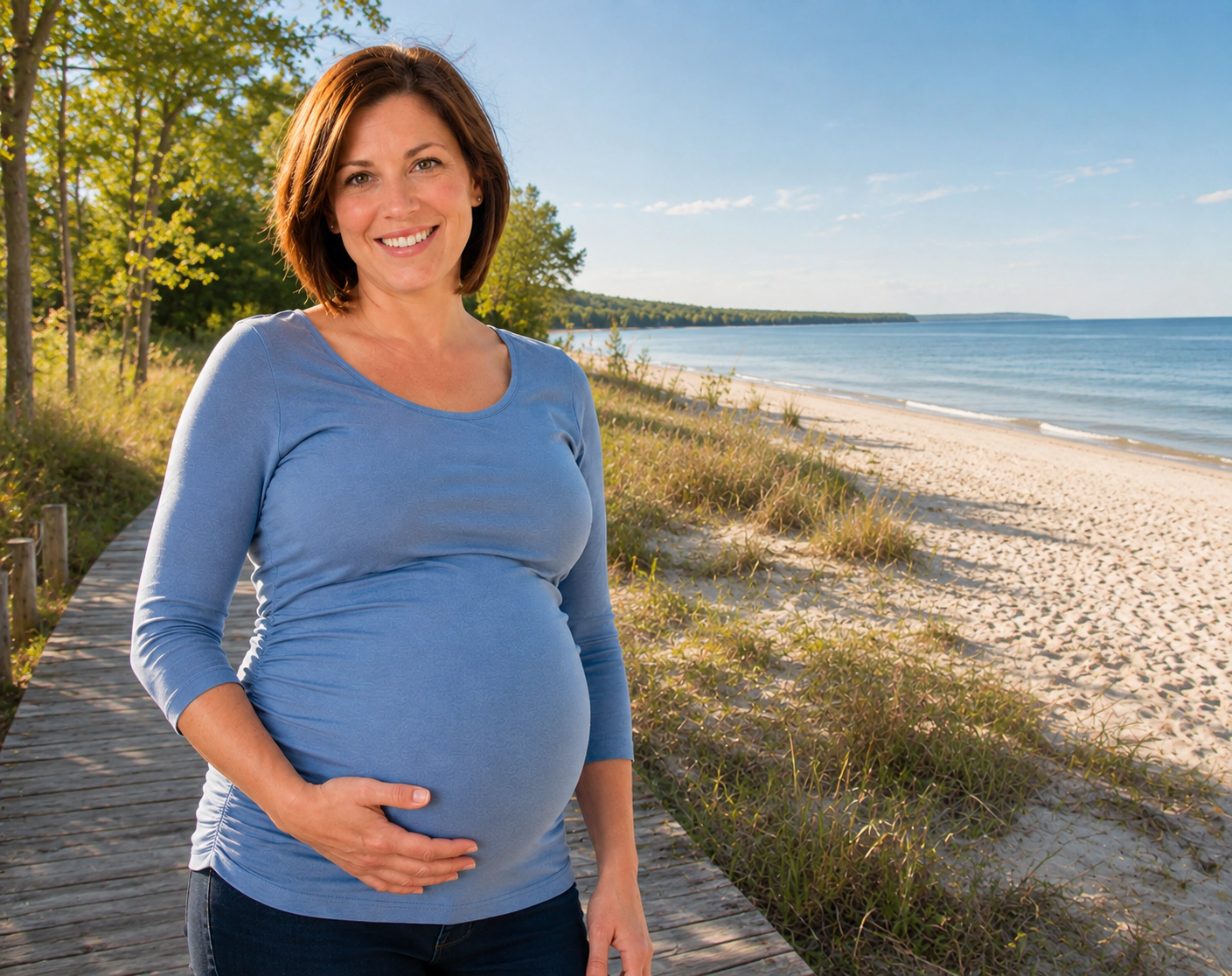 A smiling pregnant woman beside a decorative outline of Michigan.