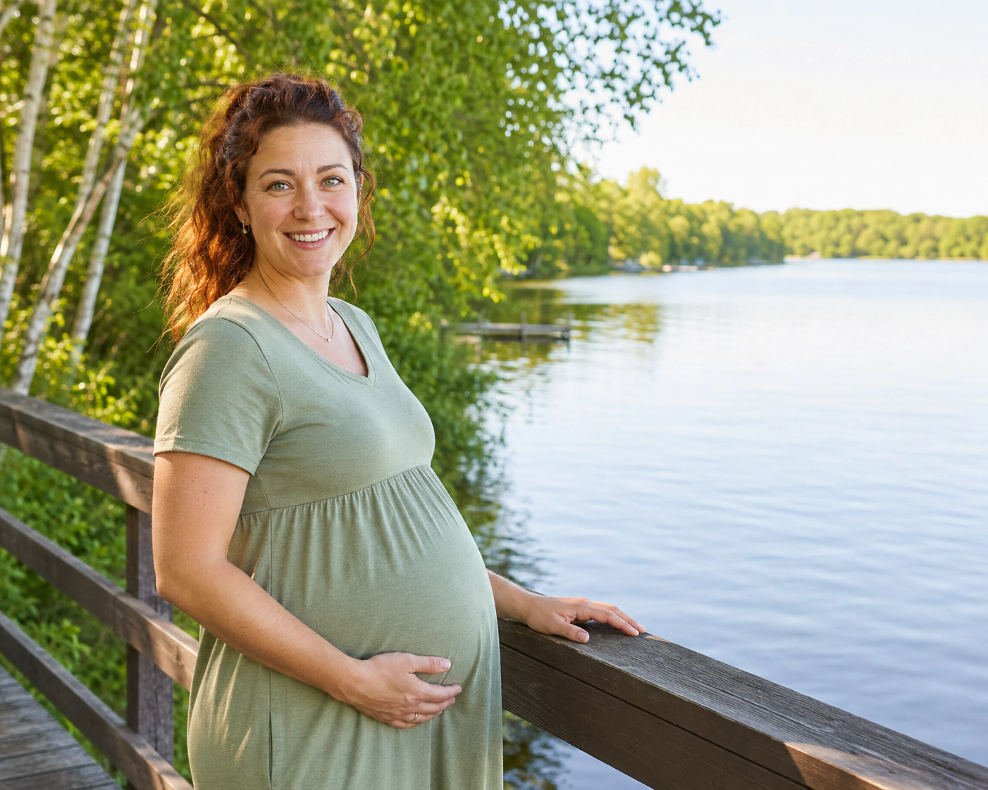 A smiling pregnant woman beside a decorative outline of Minnesota.