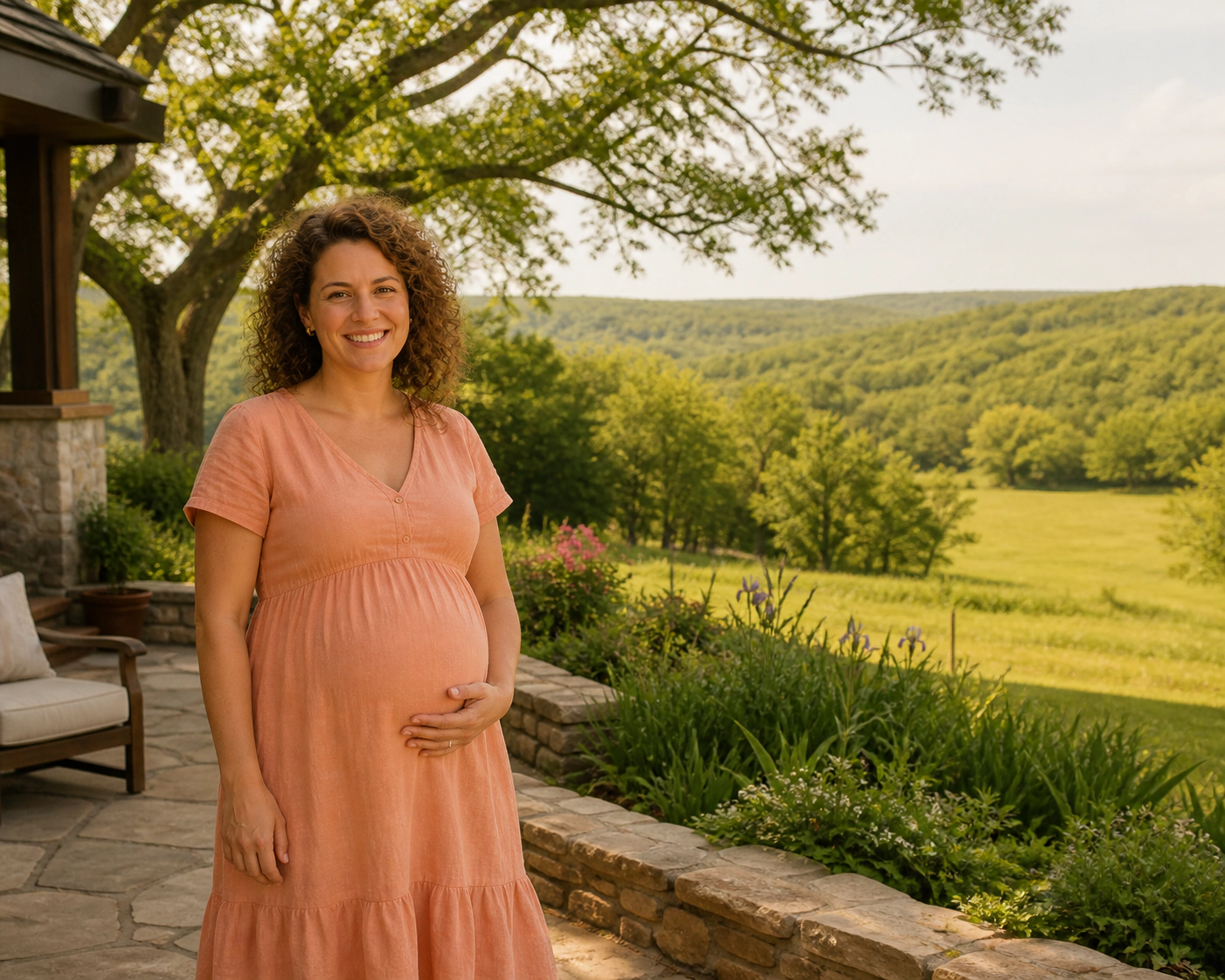A smiling pregnant woman beside a decorative outline of Missouri.