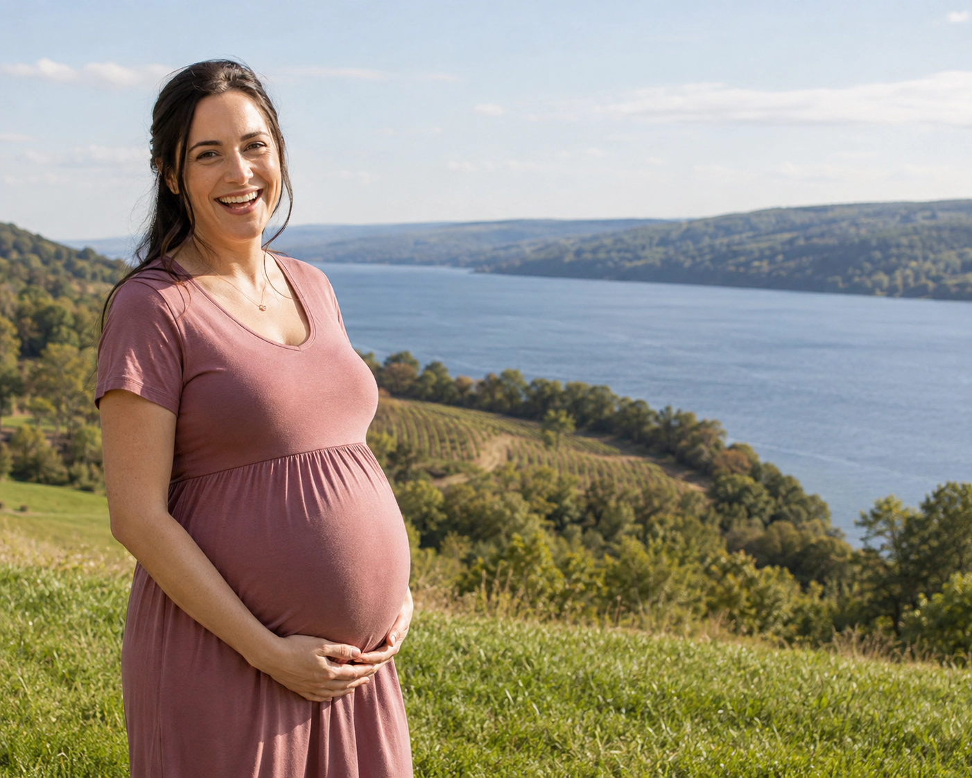 A smiling pregnant woman beside a decorative outline of New York.