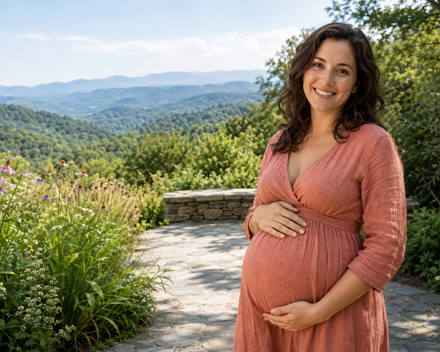 A smiling pregnant woman with the Blue Ridge Mountains behind her.