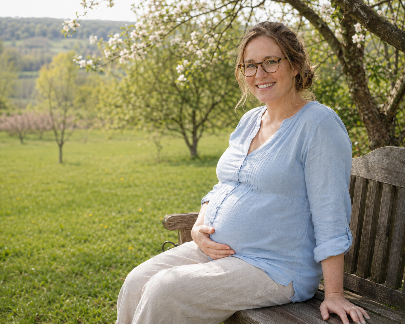 A smiling pregnant woman beside a decorative outline of Ohio.