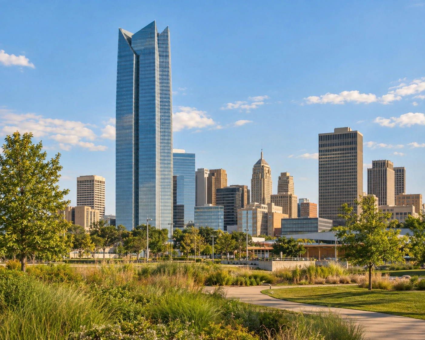 Oklahoma City skyline seen across a landscaped park.