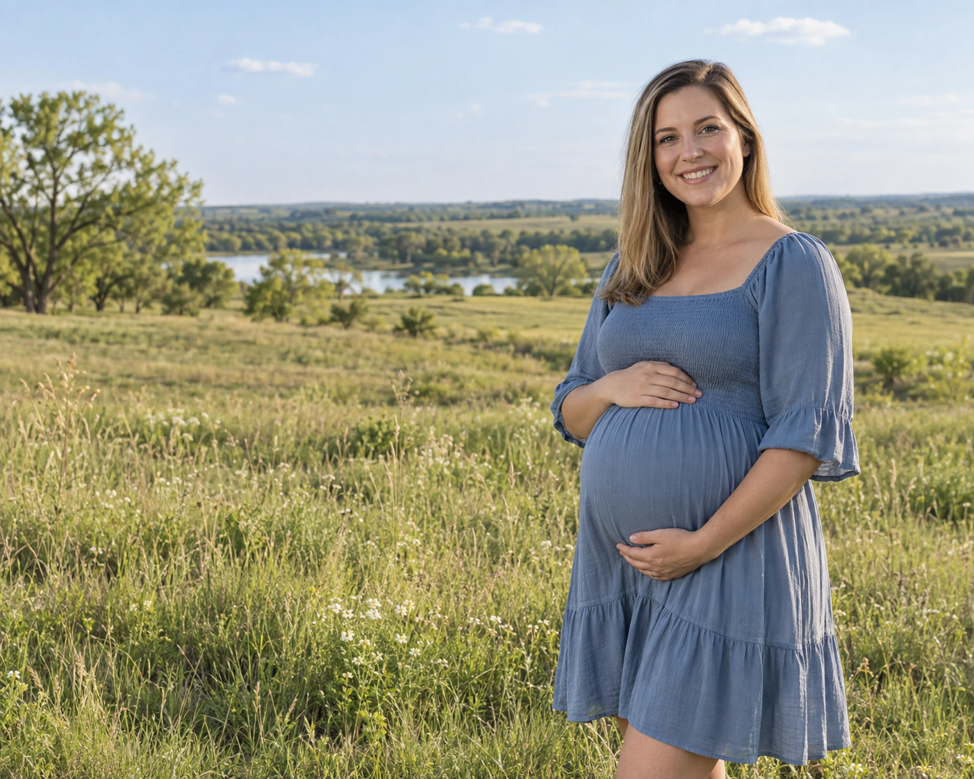 A smiling pregnant woman beside an Oklahoma lake and prairie.
