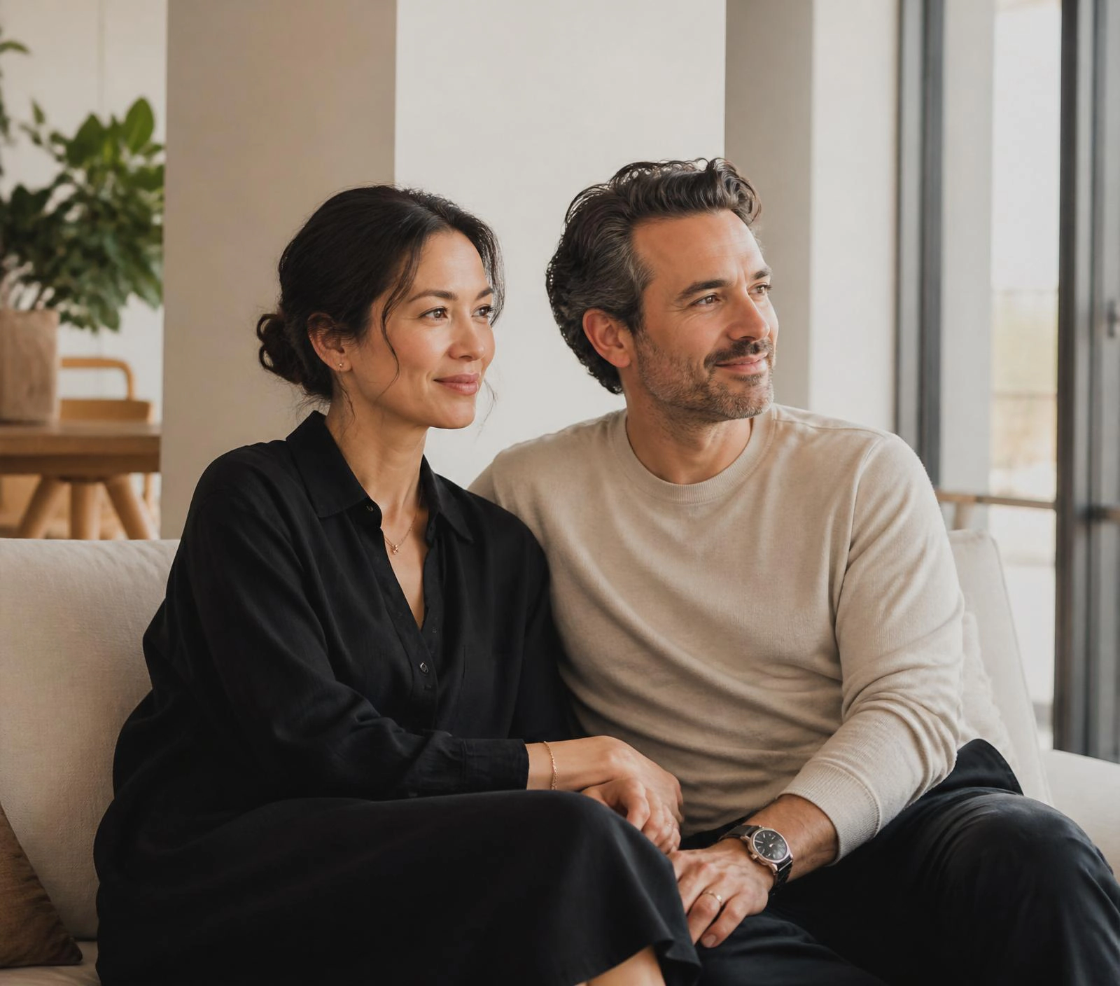 An Asian woman and her husband share a happy, thoughtful moment in a sunlit room.