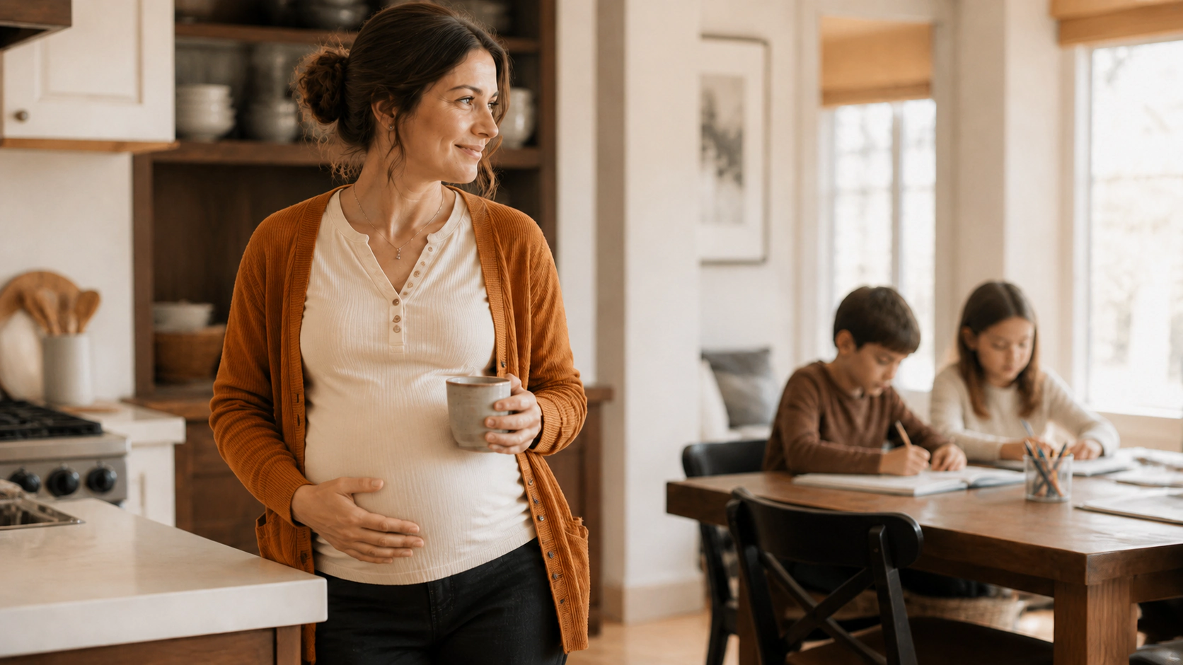 A pregnant woman smiles in a bright kitchen, resting a hand on her belly.