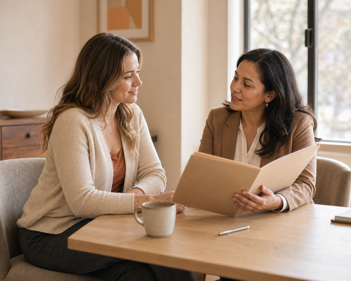 Two women seated at a table discussing an open folder.