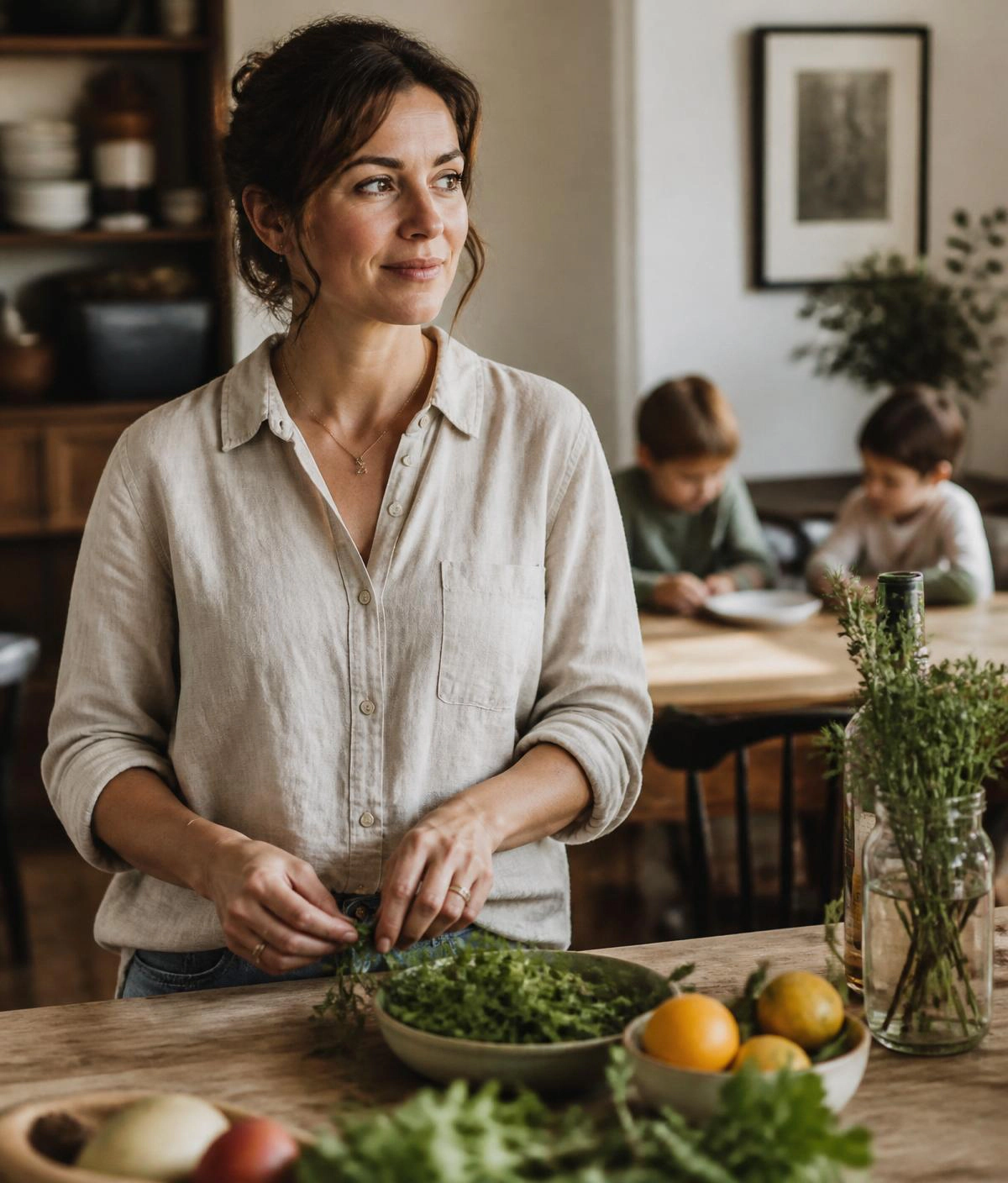 A woman preparing food at home while two children sit at the table behind her.