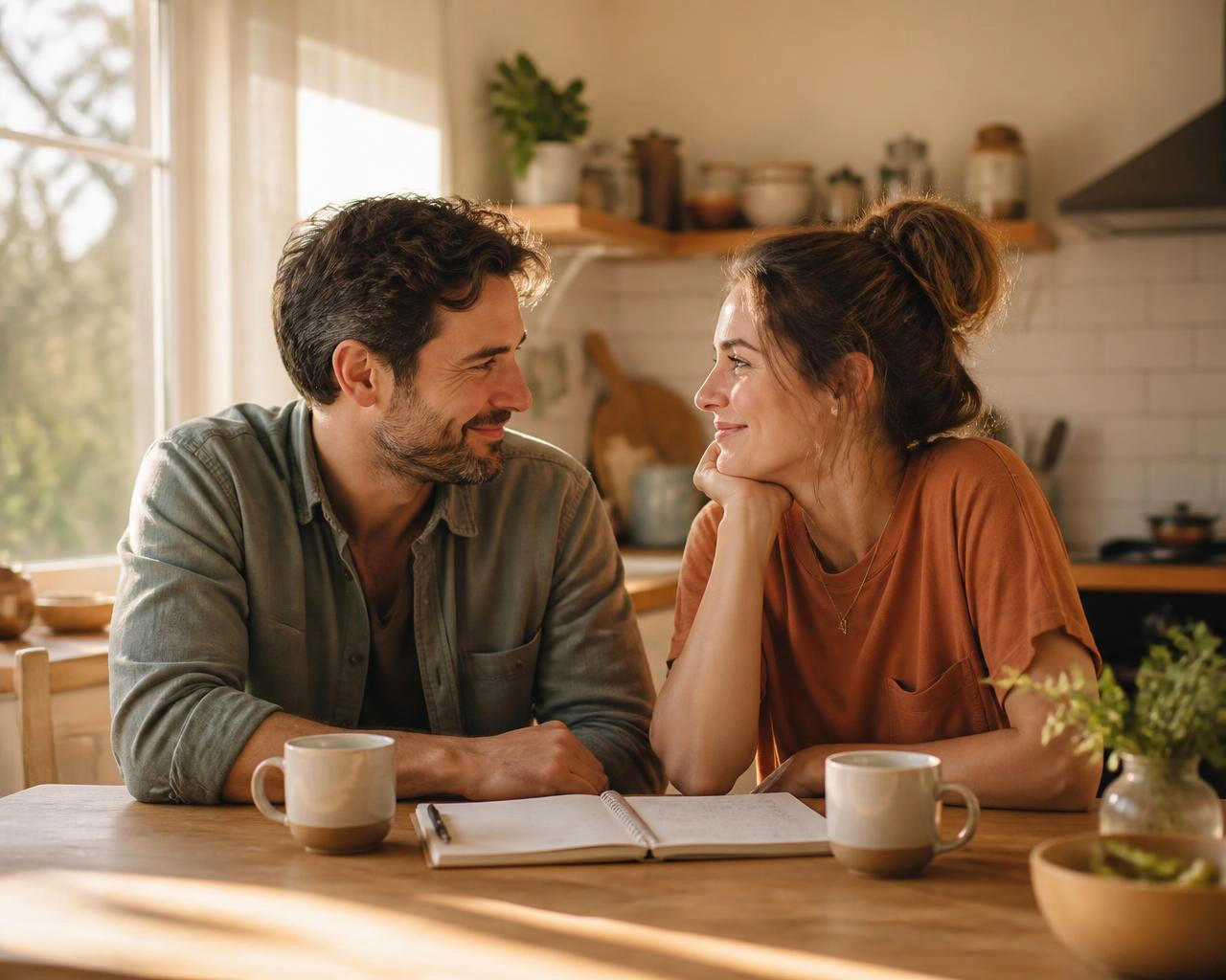 A couple sharing a warm conversation at a sunlit kitchen table.