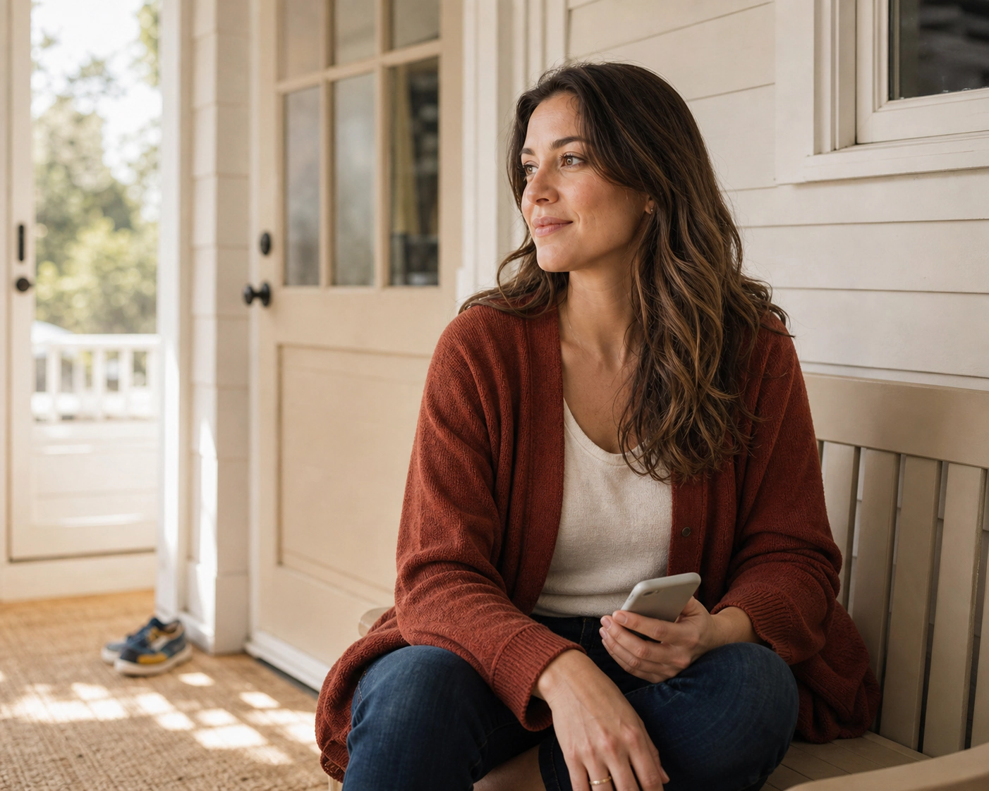 A woman holding a phone while seated beside sunlit porch windows.