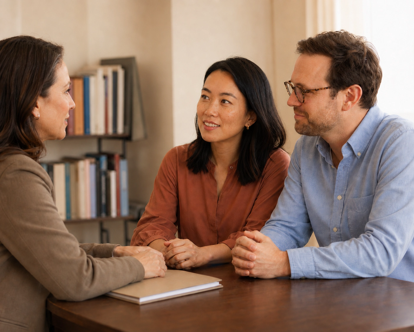 A couple listening to a woman across a table.
