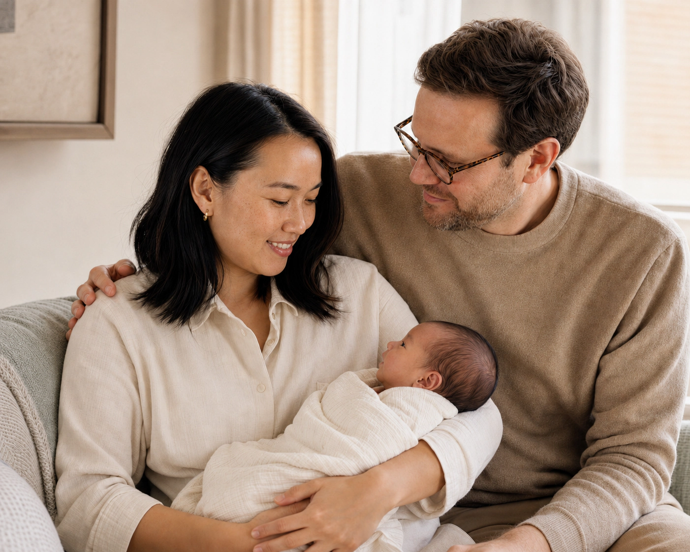 A couple sharing a quiet moment with a newborn at home.