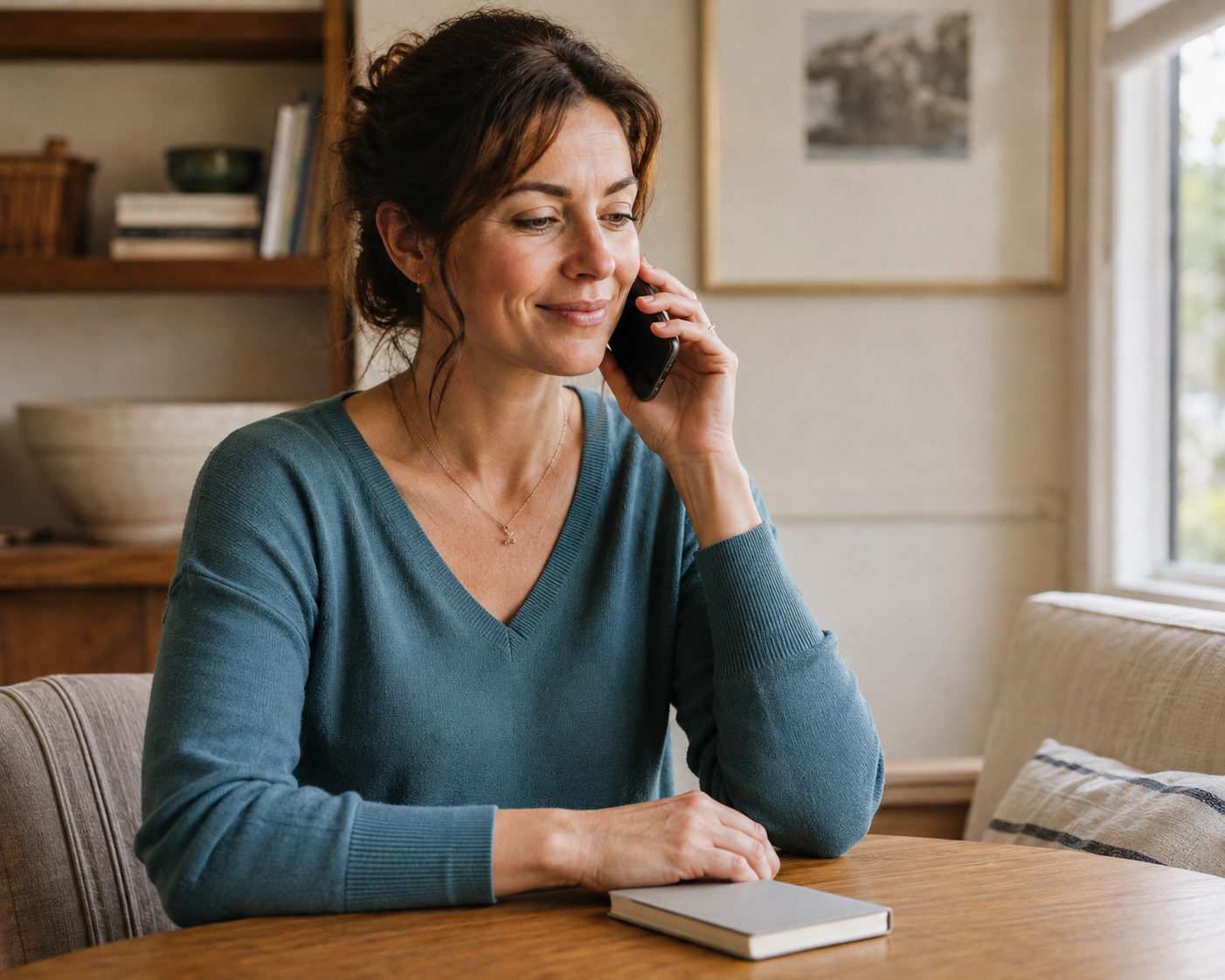 A smiling woman speaking on the phone at a wooden table with a notebook.