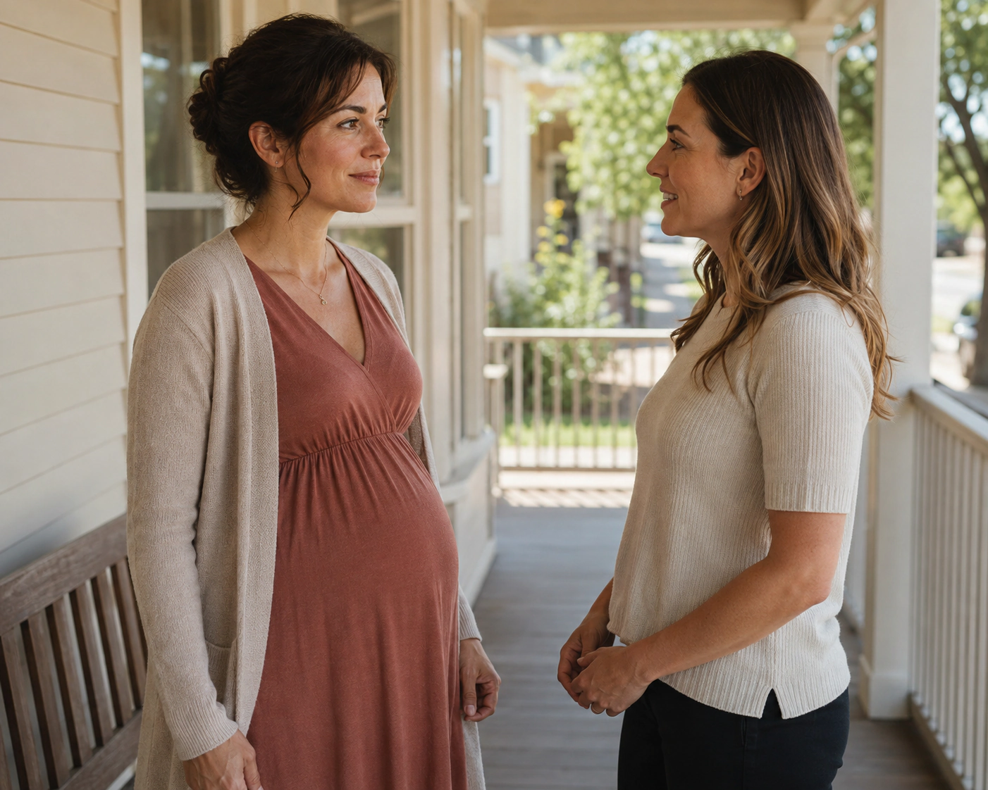 A pregnant woman speaking with another woman on a sunlit porch.