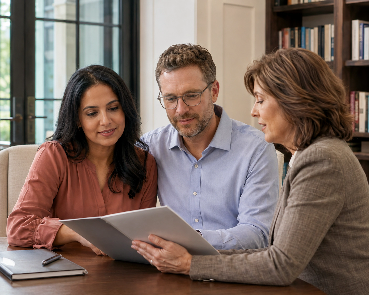 A woman and man reviewing a program document with an advisor.