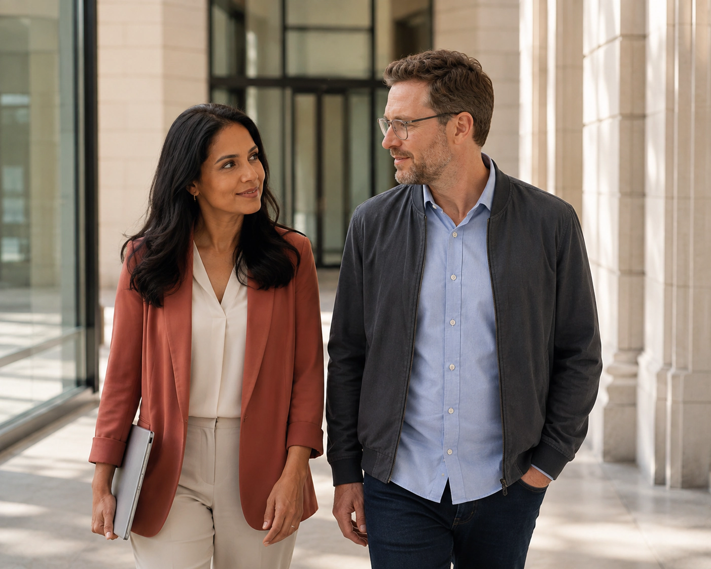 A woman and man looking at each other while walking through a sunlit passageway.