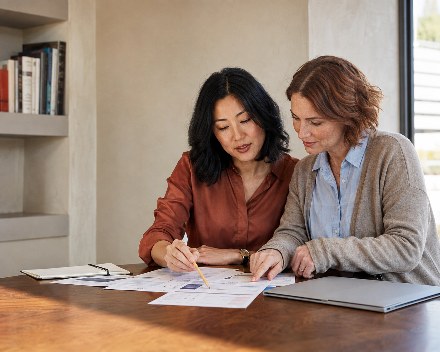 Two women reviewing financial paperwork together at a wooden table.