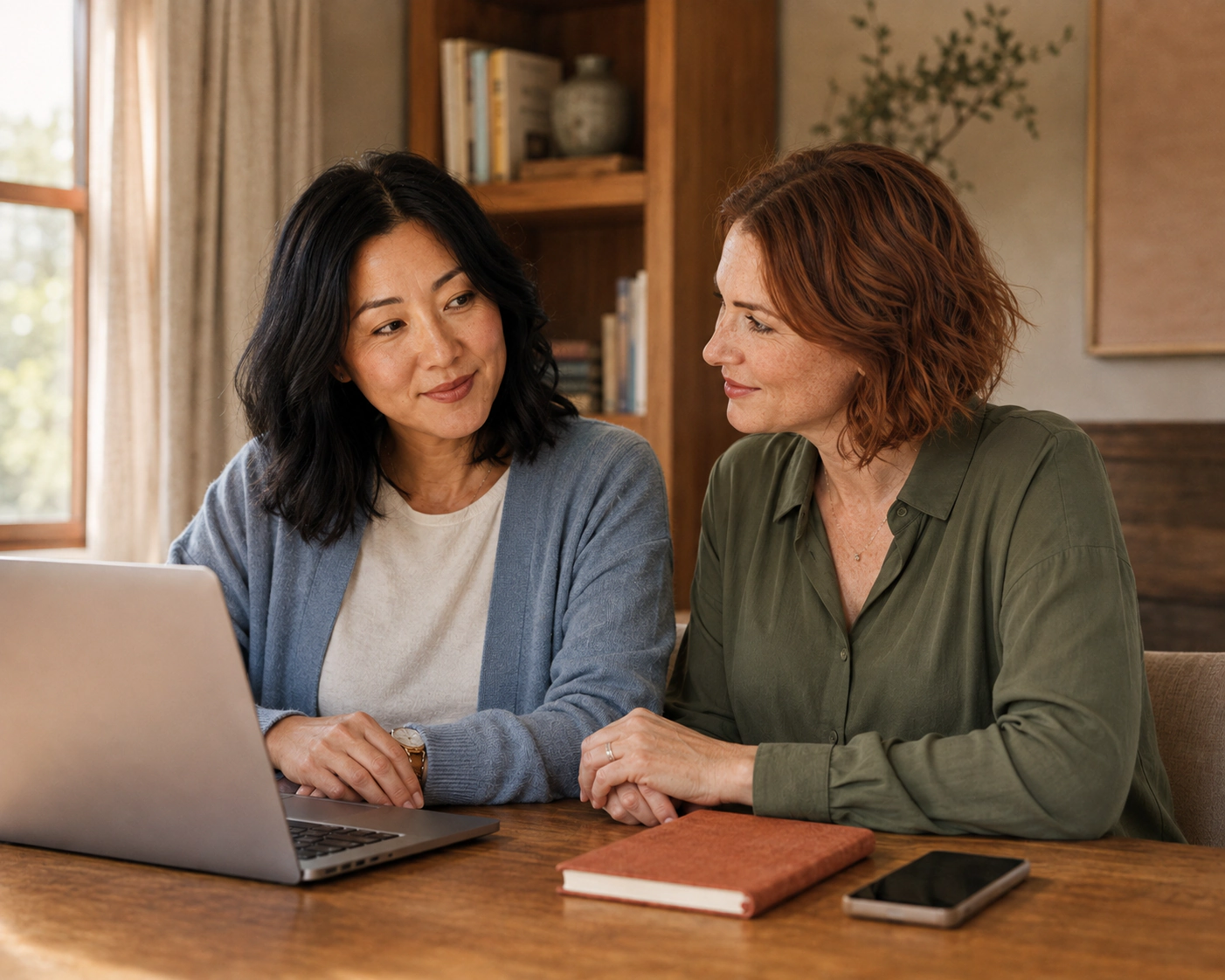 Two women discussing benefits beside a laptop in a warm, sunlit room.