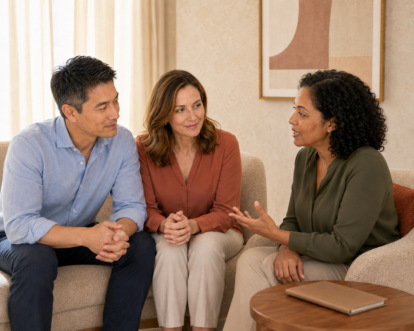 A couple speaking with an advisor in a warm, sunlit sitting area.