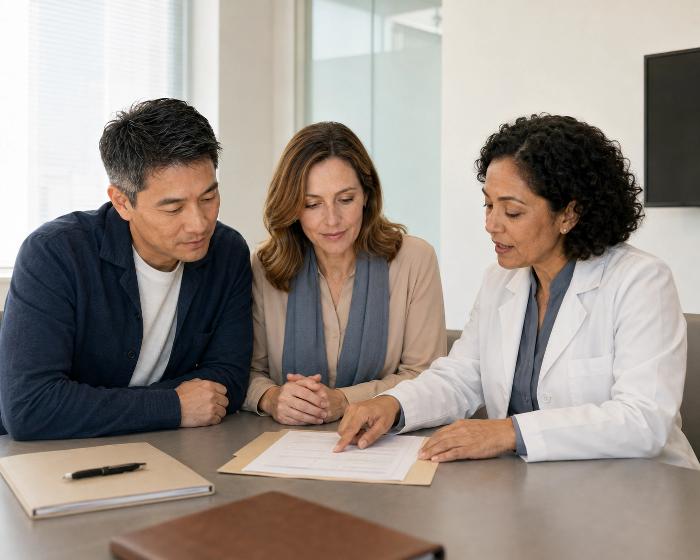 A couple reviewing paperwork with a physician in a bright consultation room.