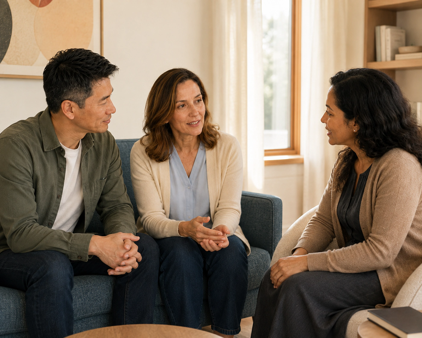 A couple discussing family-building questions with a counselor in a welcoming sitting room.
