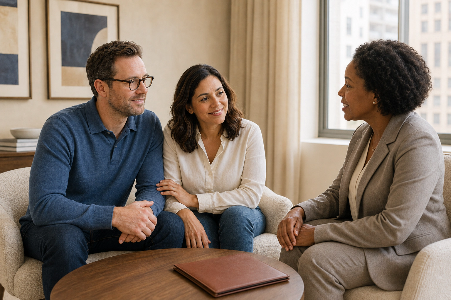 A woman and man smiling during a conversation with an advisor.