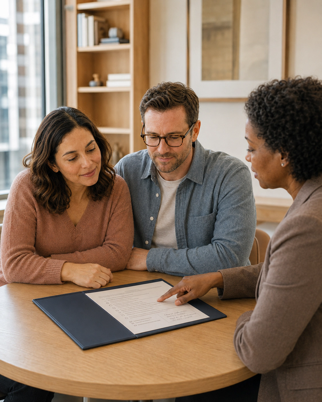 A woman and man reviewing a document with an advisor.