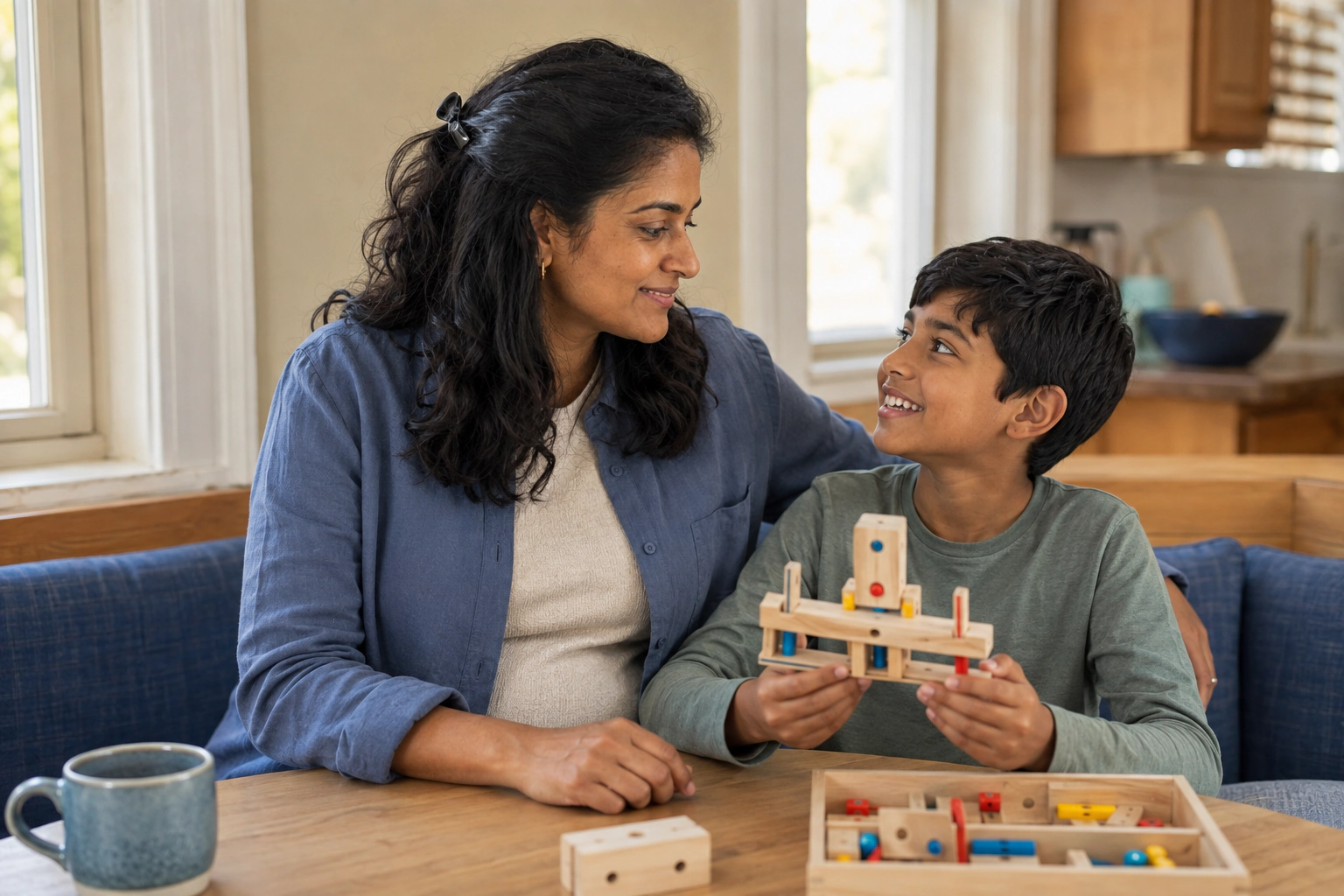 A woman and child smiling while building a wooden model together at home.