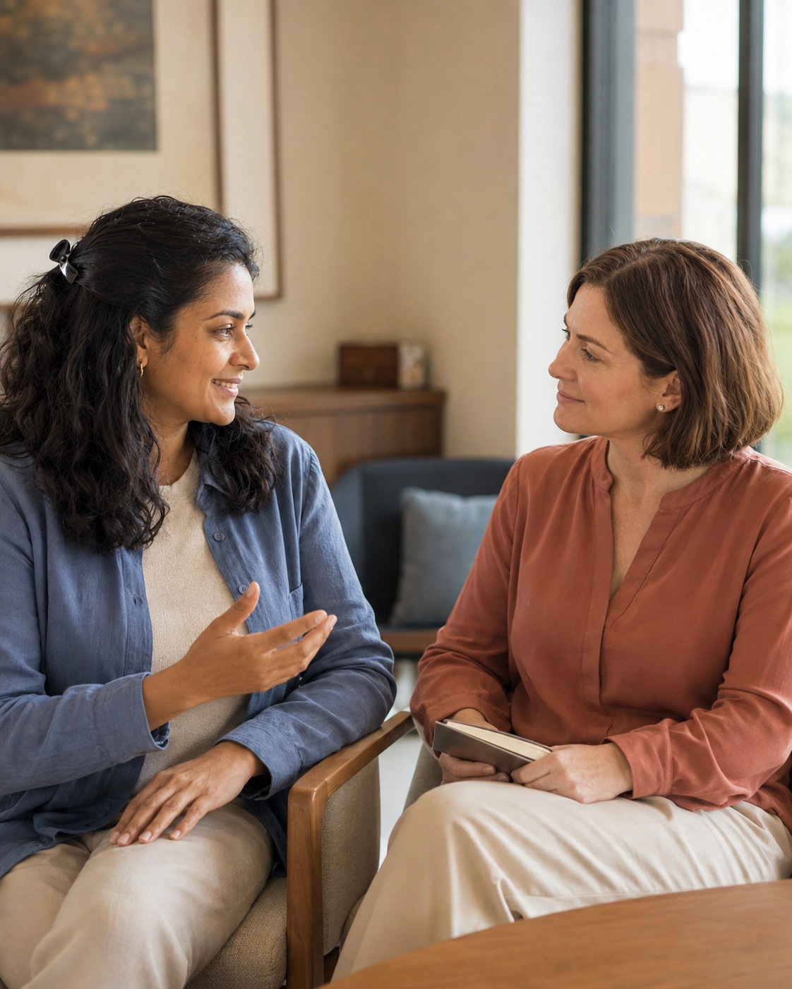 Two women sharing a warm conversation in a bright sitting room.